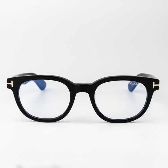 Tom Ford Men Eyeglasses Shiny Black Clear Blue Light Block Round FT5807-B/O 001 - Picture 1 of 8